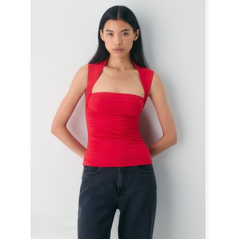 Aritzia Contour Ruched Sleeveless Top Red Square Neck S